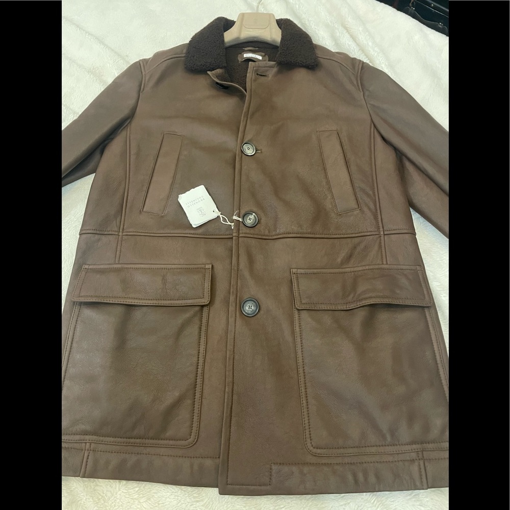 Brunello Cucinelli Mens Shearling Leather Brown Jacket Sz M